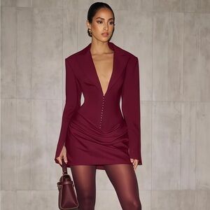 Burgundy Ruched Women's Blazer Dress